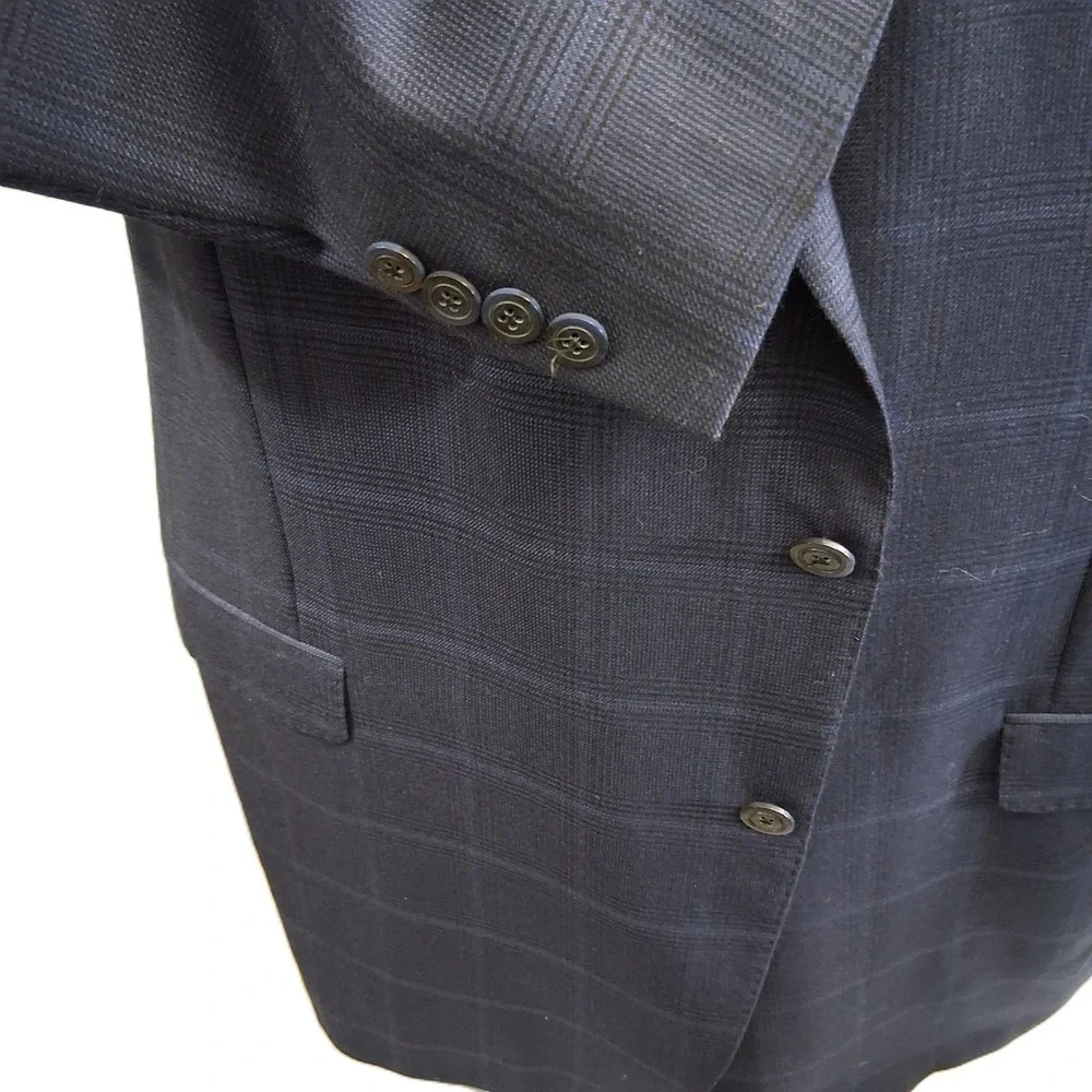 Samuelsohn Mens Blazer 54 Extra Tall Blue Plaid Wool Silk Sport Coat Italy